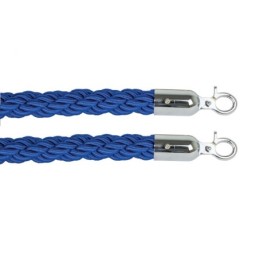 Cordon bleu avec 2 crochets inox brillant de 3 cm de diamètre. Idéal pour suspendre des objets lourds.