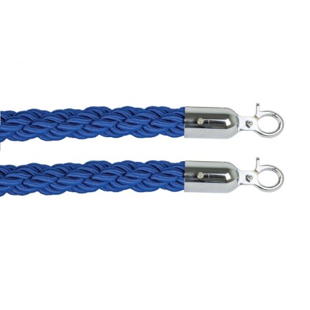 Cordon bleu avec 2 crochets inox brillant de 3 cm de diamètre. Idéal pour suspendre des objets lourds.