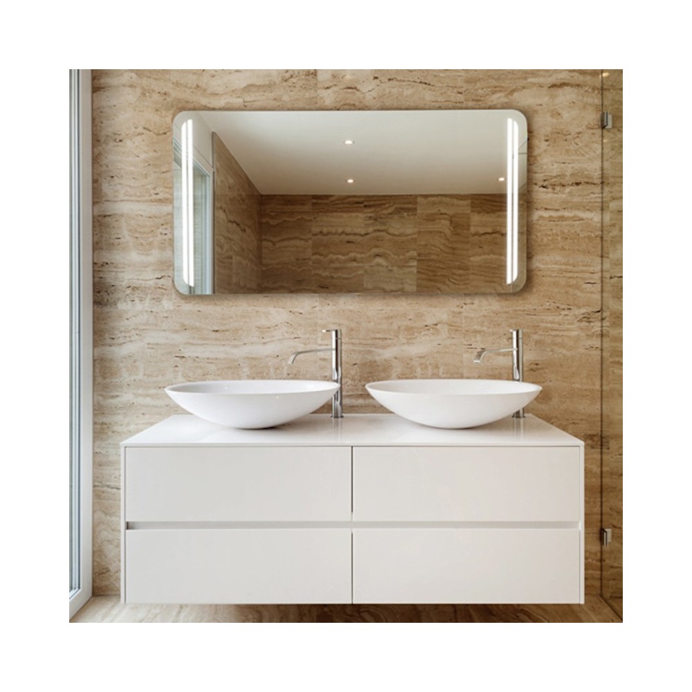 Miroir élégant avec coins arrondis et lignes verticales de LED