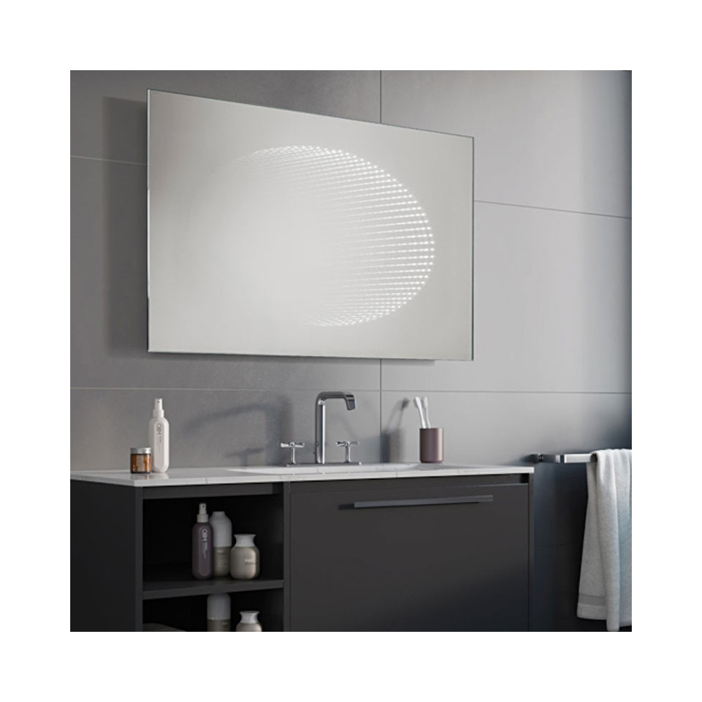 Miroir rectangulaire avec éllipse LED effet 3D pour une ambiance moderne.