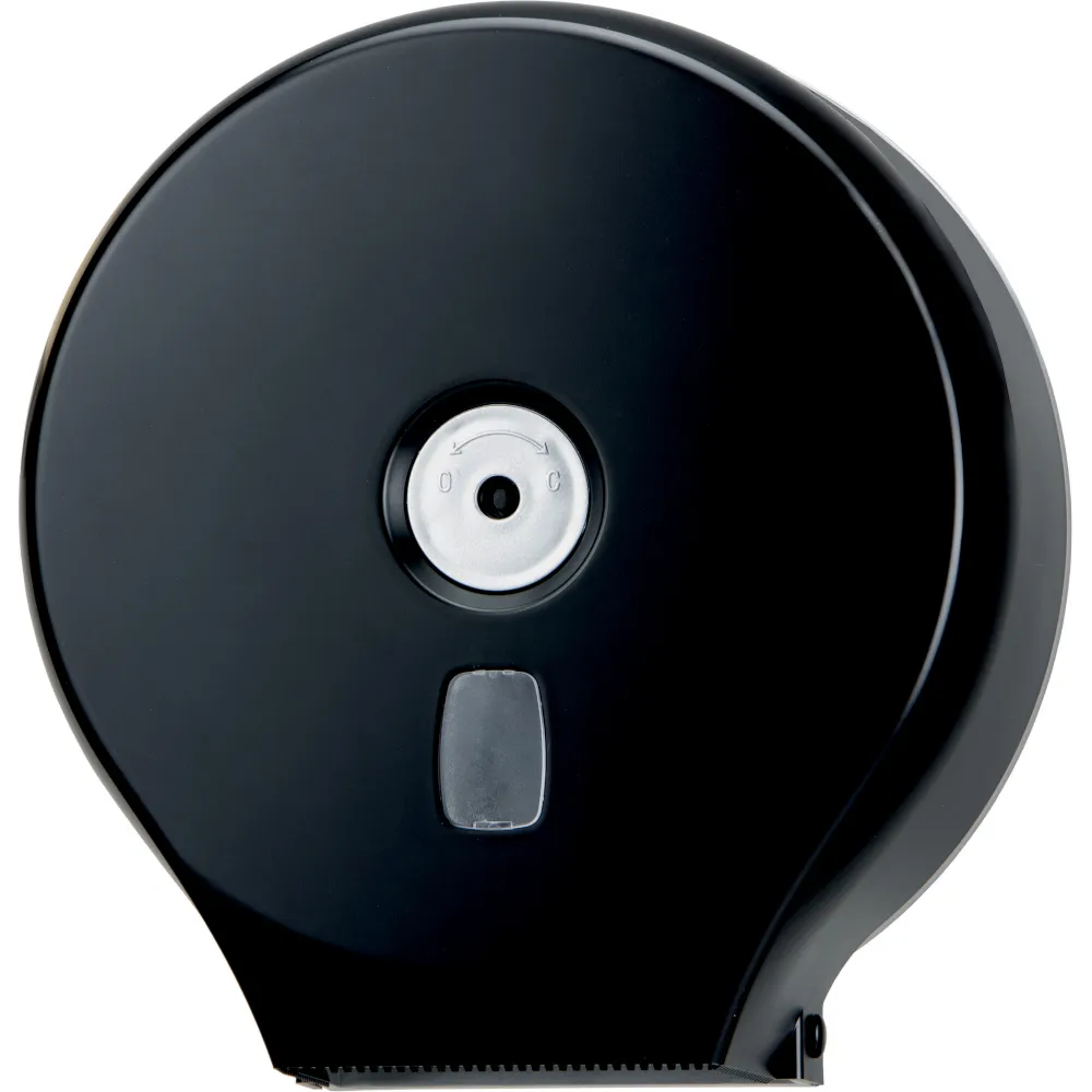 Distributeur noir élégant pour rouleau de papier toilette.