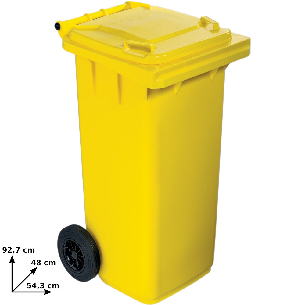 Poubelle jaune 120L sur roulettes pour tri sélectif.