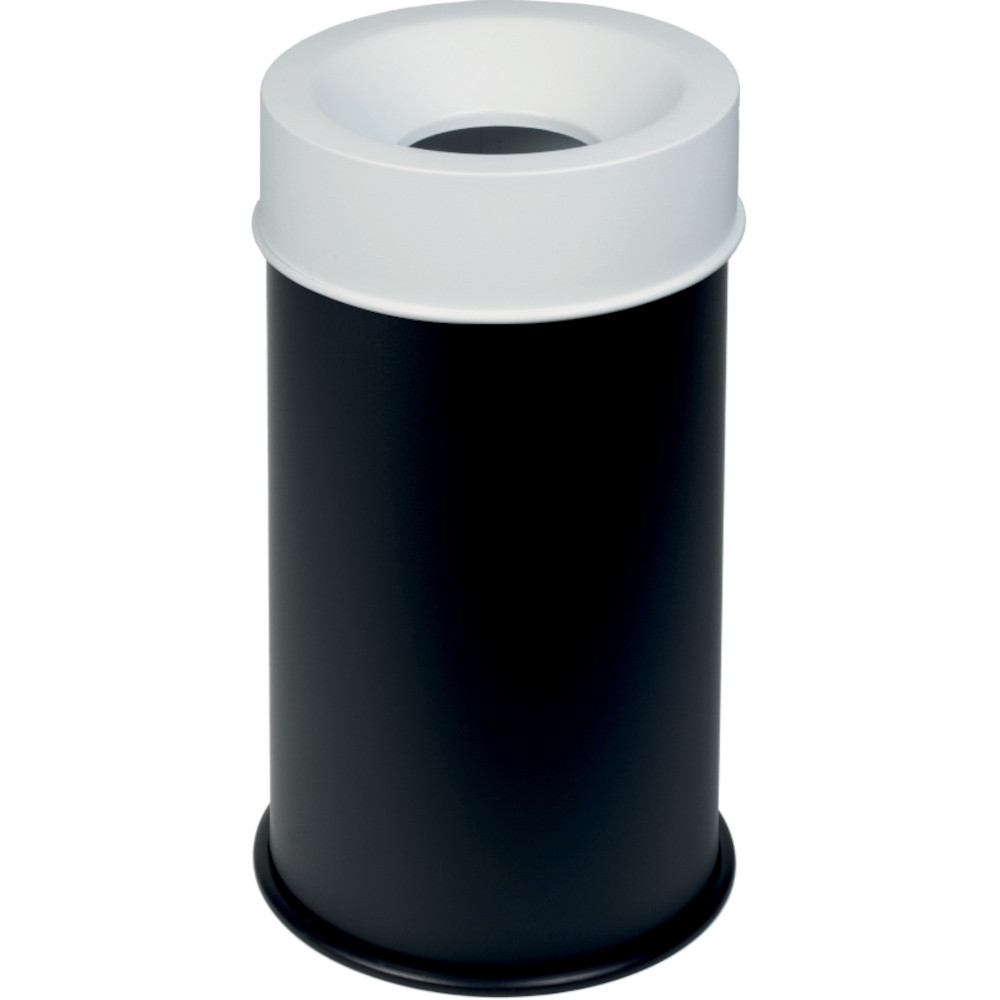 Poubelle antifeu 50L noire couvercle blanc sécurisée. Poubelle antifeu 50L noire couvercle blanc sécurisée.