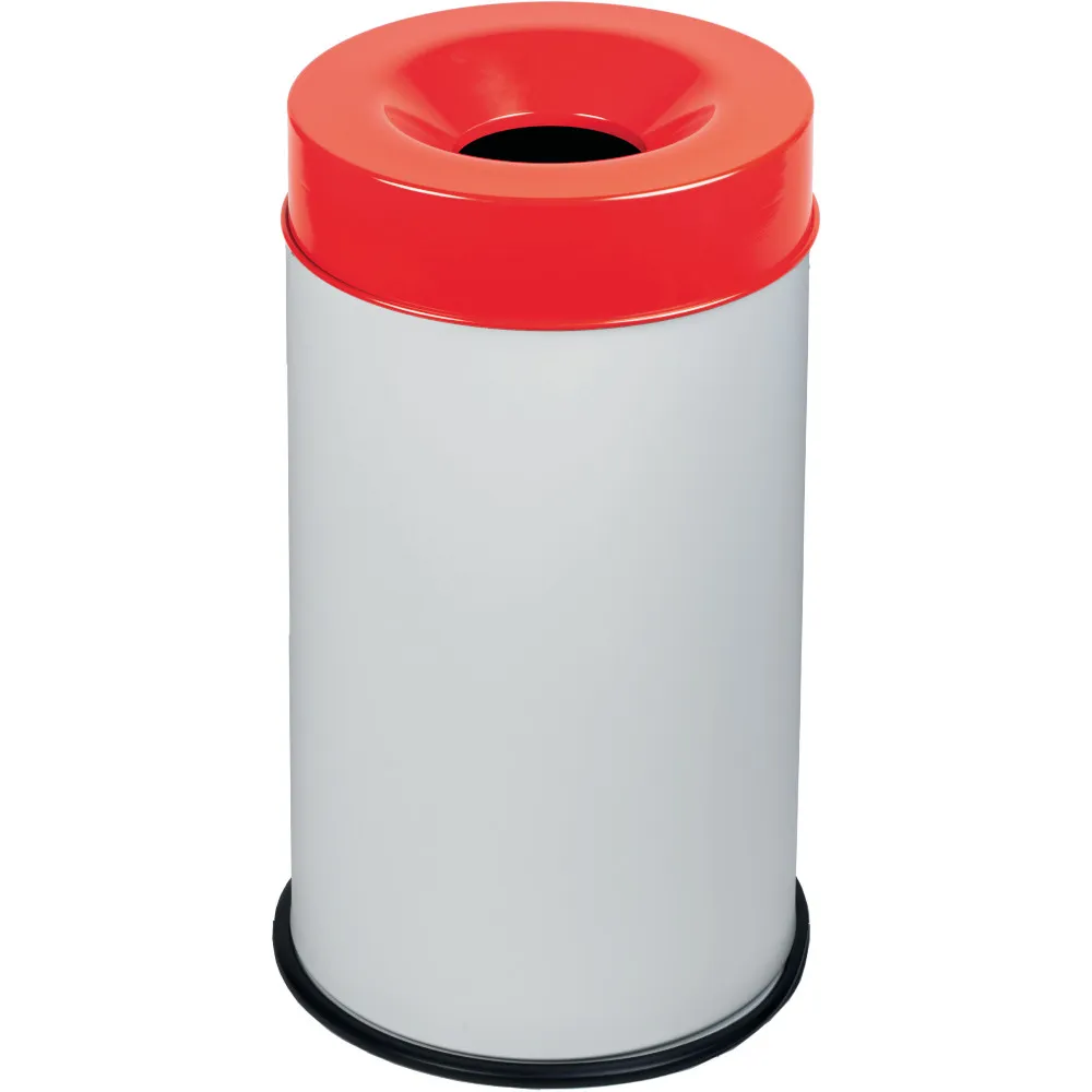 Poubelle blanche antifeu couvercle rouge 50L sécurisée. Poubelle blanche antifeu couvercle rouge 50L sécurisée.