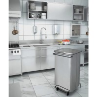 Conteneur inox brossé 70L pédale roulettes cuisine professionnelle