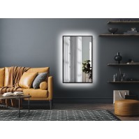 Miroir moderne rétroéclairé cadre noir idéal pour intérieur.