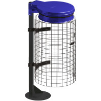 Porte sacs-poubelle bleu sur socle avec grille métallique