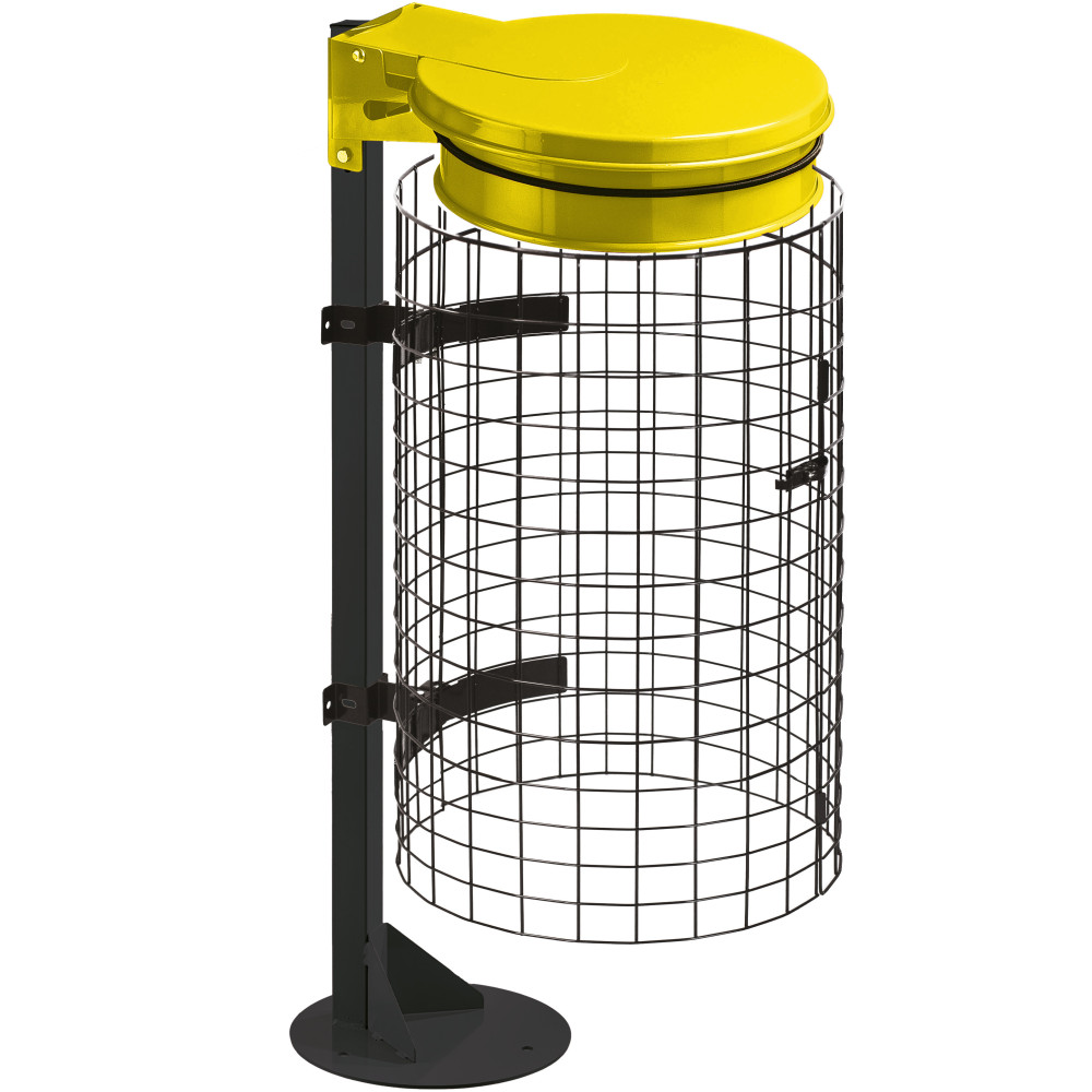 Porte sacs-poubelle jaune sur socle grille métallique Porte sacs-poubelle jaune sur socle grille métallique
