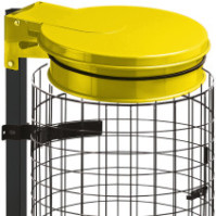 Porte sacs-poubelle jaune sur socle avec grille métallique