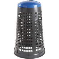 Corbeille grise avec couvercle bleu pour sac.