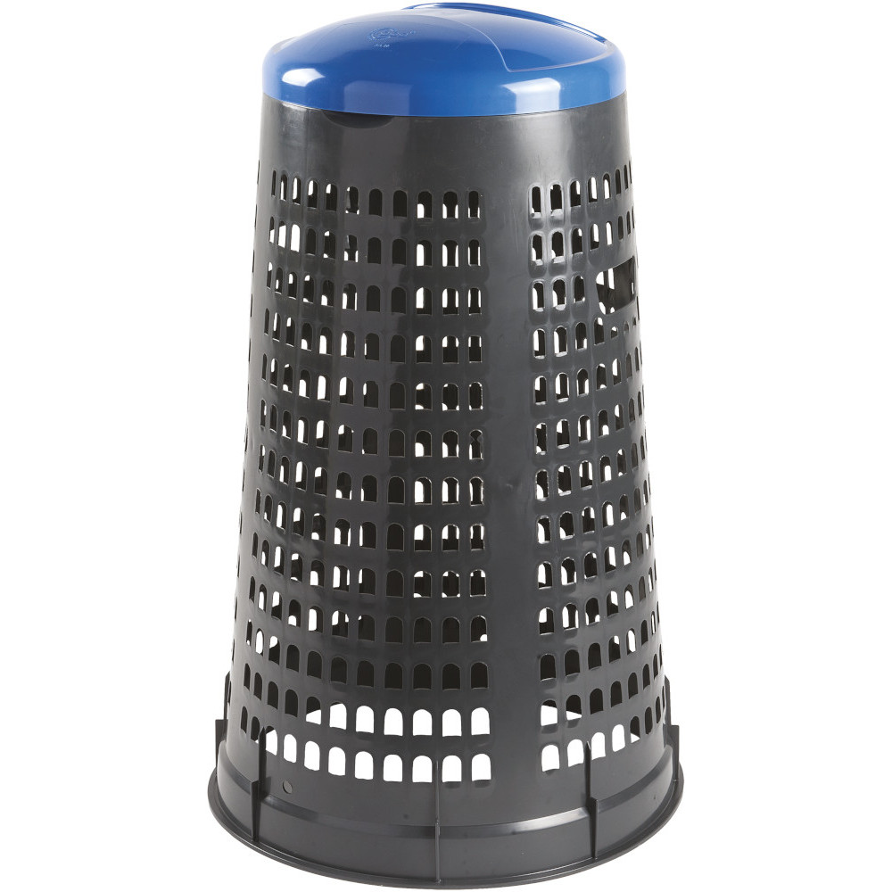 Corbeille grise avec couvercle bleu pour sac.