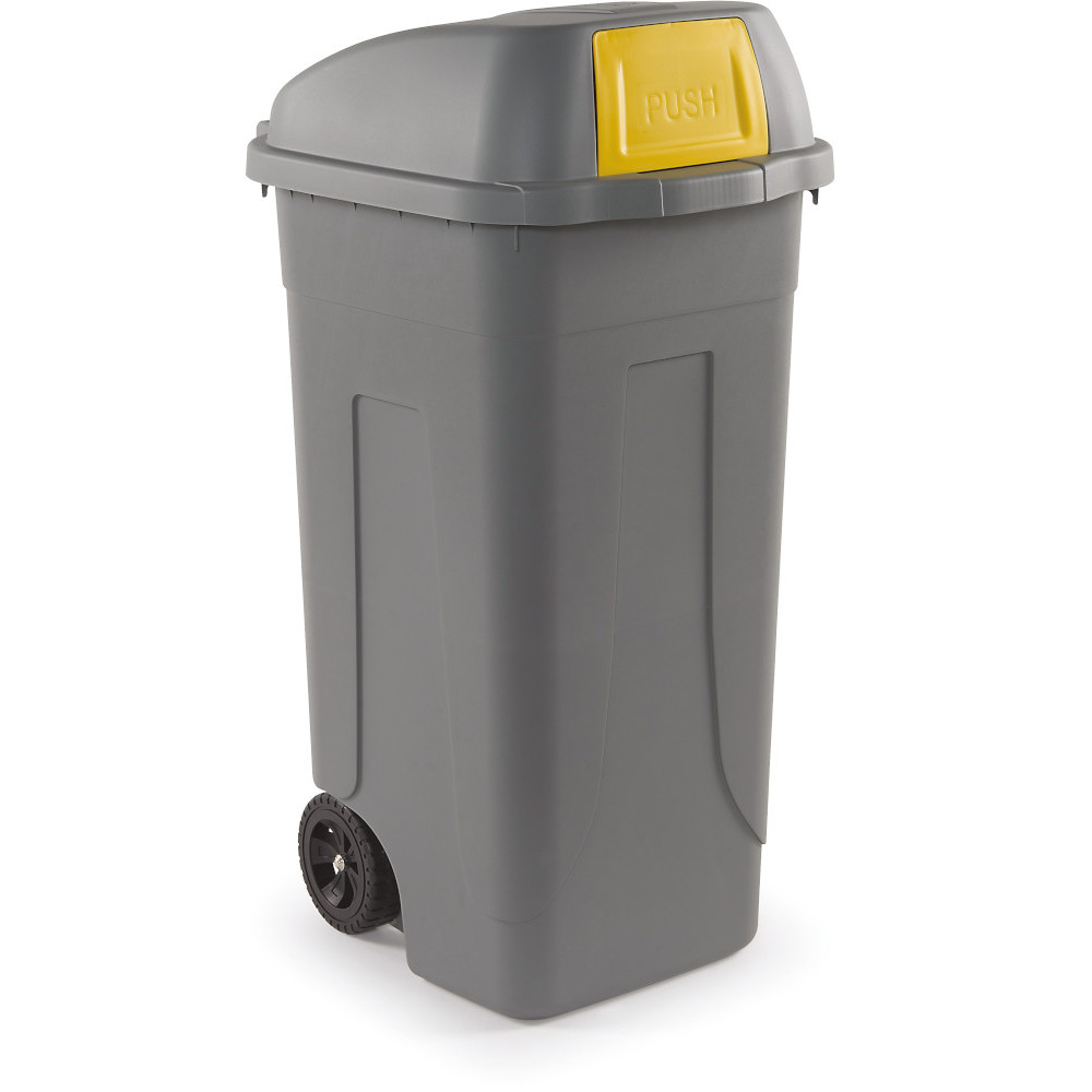 Conteneur plastique 100L gris-jaune trappe basculante recyclé Conteneur plastique 100L gris-jaune trappe basculante recyclé