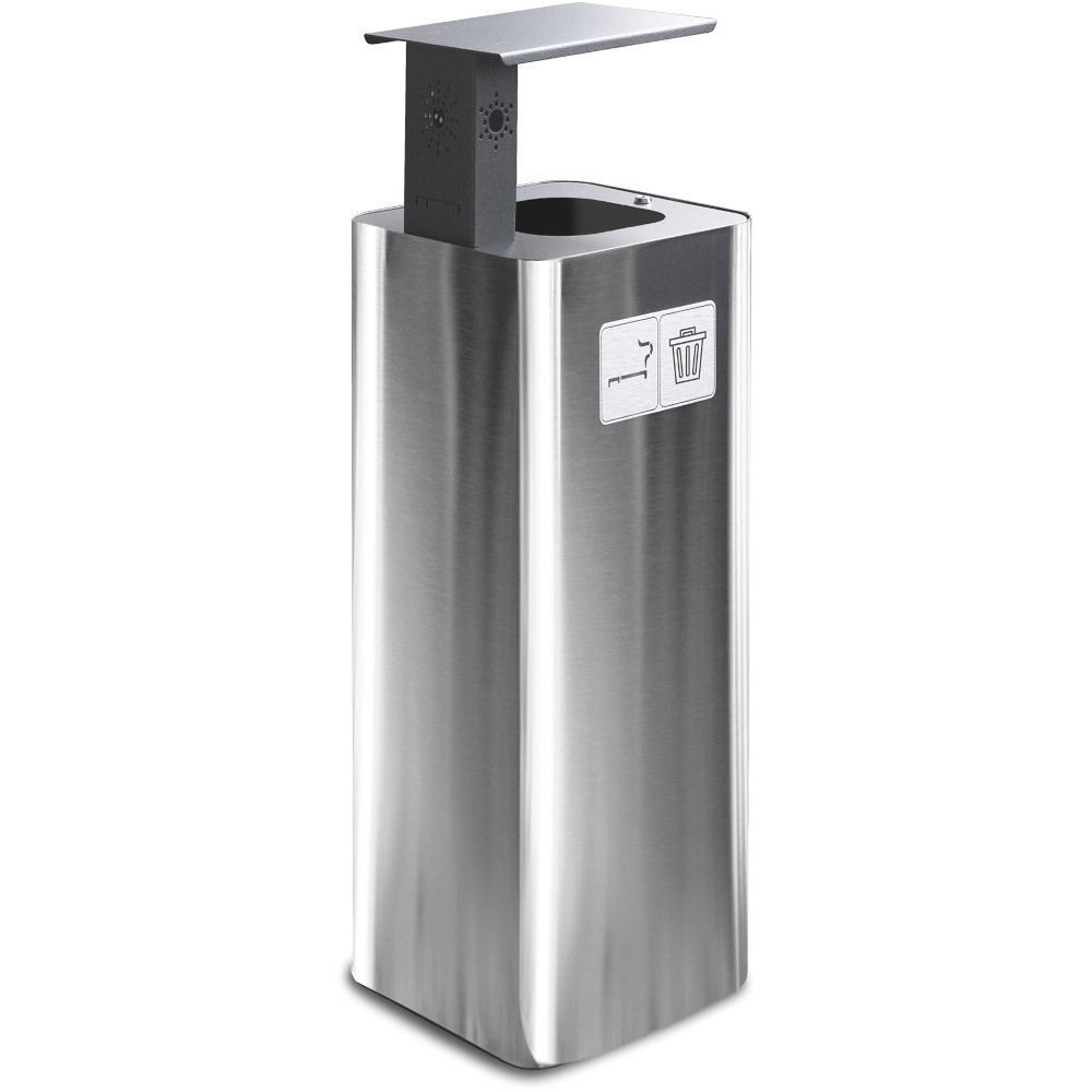 Poubelle inox 60L avec cendrier noir pour extérieur.