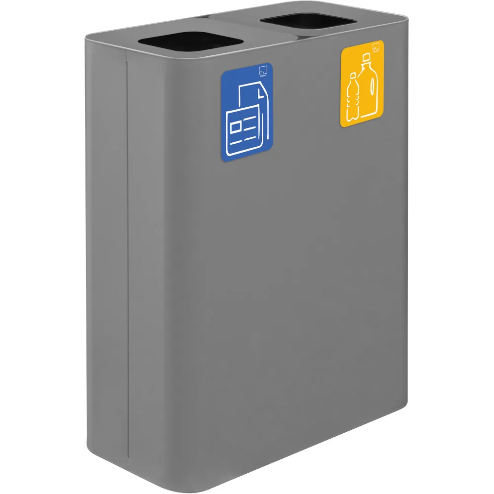 Poubelle 2 flux 60 litres grise avec pictogrammes magnétiques