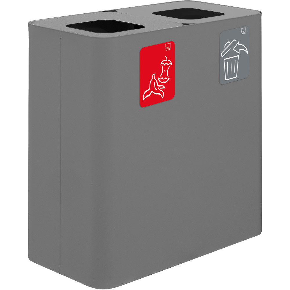 Poubelle tri sélectif grise 2 flux 100 litres avec pictogrammes. Poubelle tri sélectif grise 2 flux 100 litres avec pictogrammes.