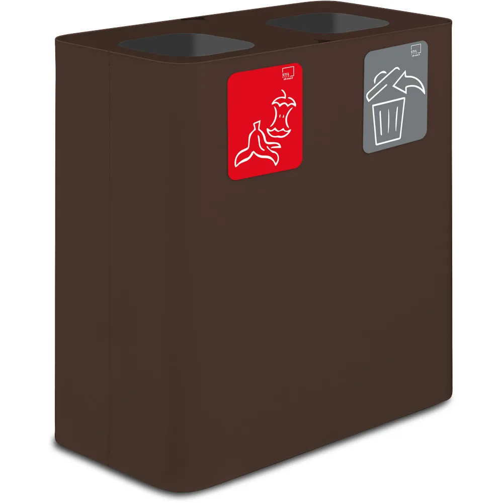 Poubelle tri sélectif 2 flux 100 litres couleur Corten avec pictogrammes