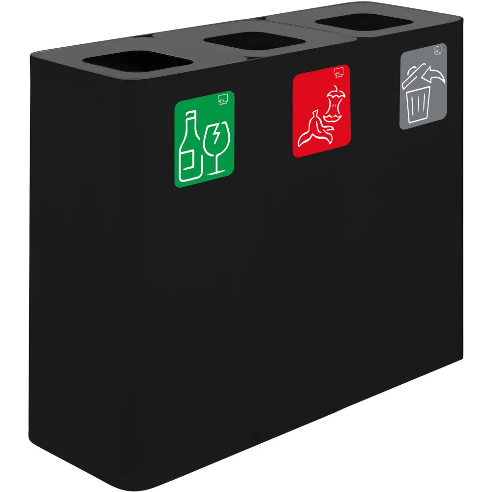 Poubelle tri sélectif 3 flux noir avec pictogrammes magnétiques