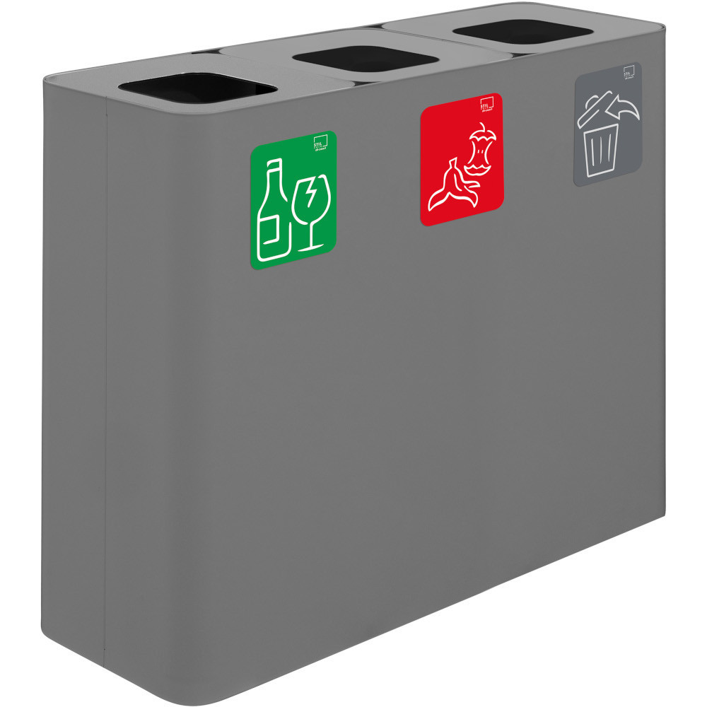 Poubelle tri sélectif grise 3 flux avec pictogrammes magnétiques