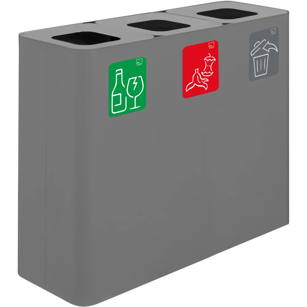 Poubelle tri sélectif grise 3 flux avec pictogrammes magnétiques