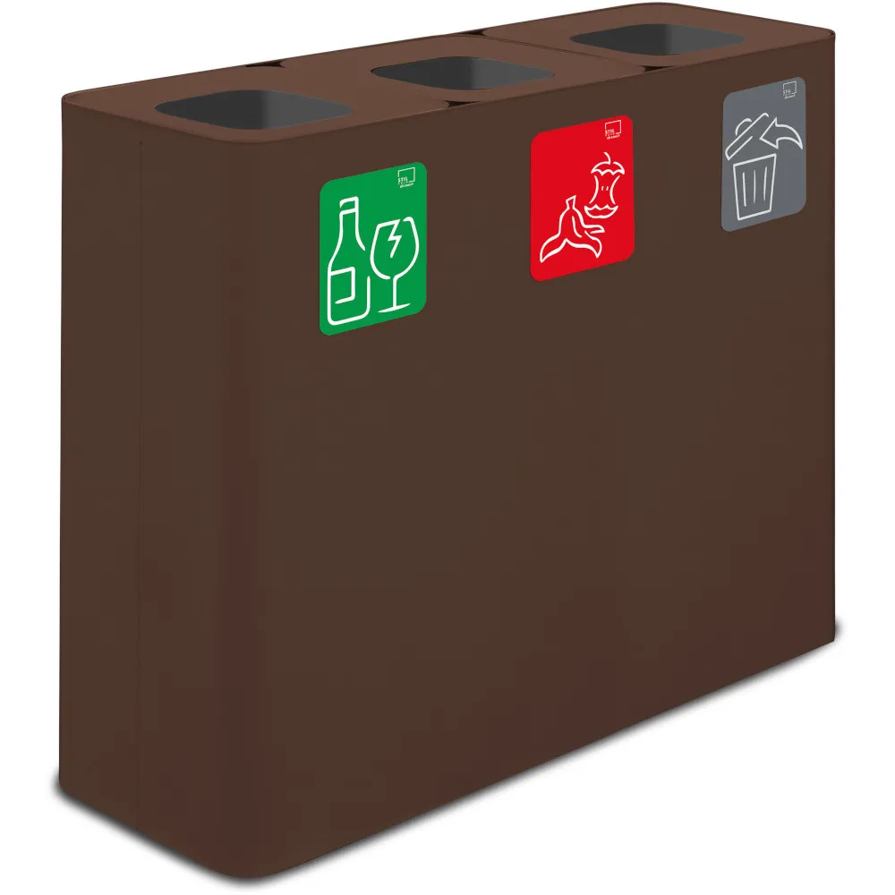 Poubelle tri sélectif 3 flux 60 litres couleur Corten avec pictogrammes.