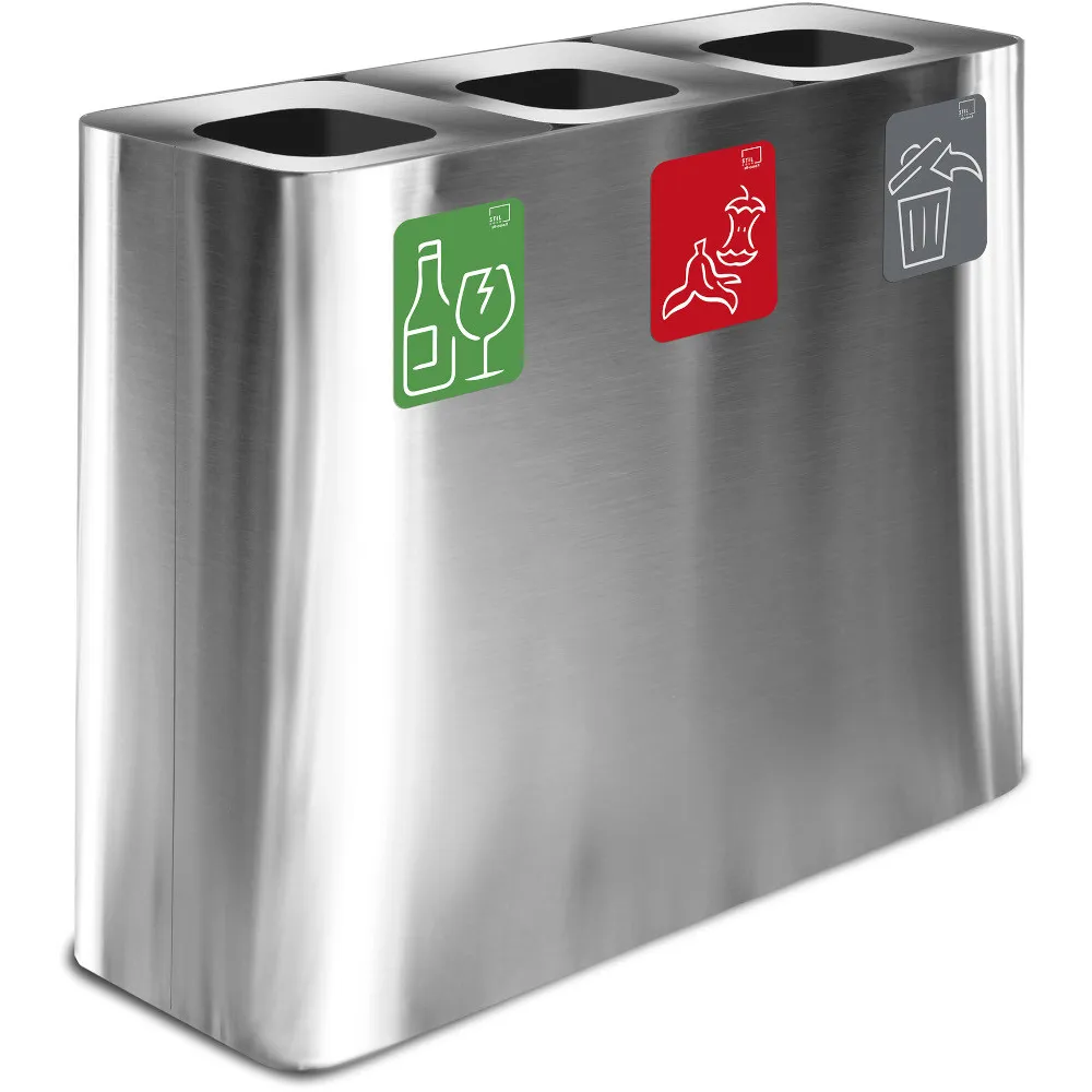 Poubelle tri sélectif inox 3 flux avec pictogrammes magnétiques