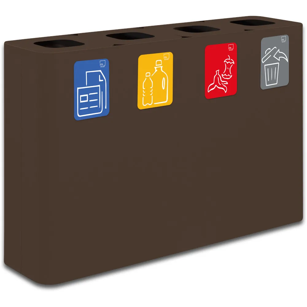 Poubelle tri sélectif 4 flux 60 litres couleur Corten avec pictogrammes