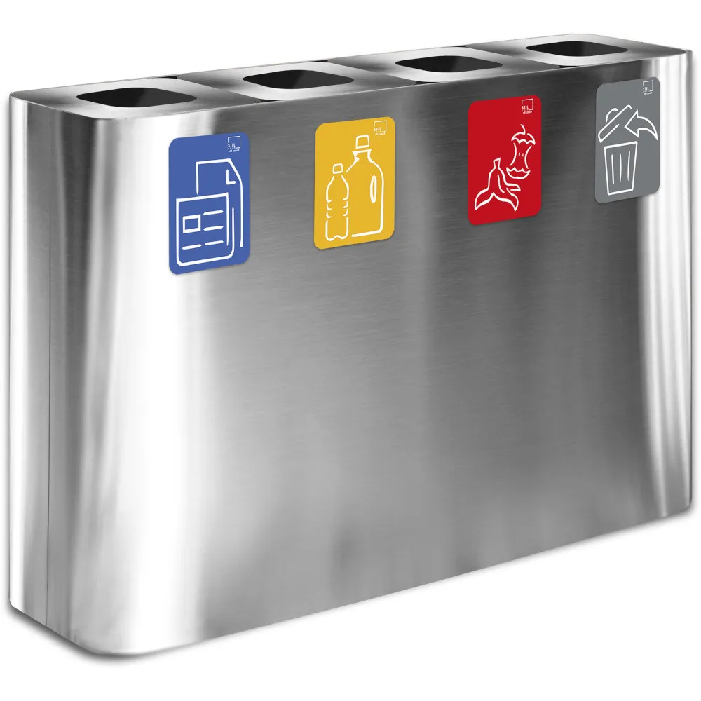 Poubelle tri sélectif inox 4 flux avec pictogrammes magnétiques