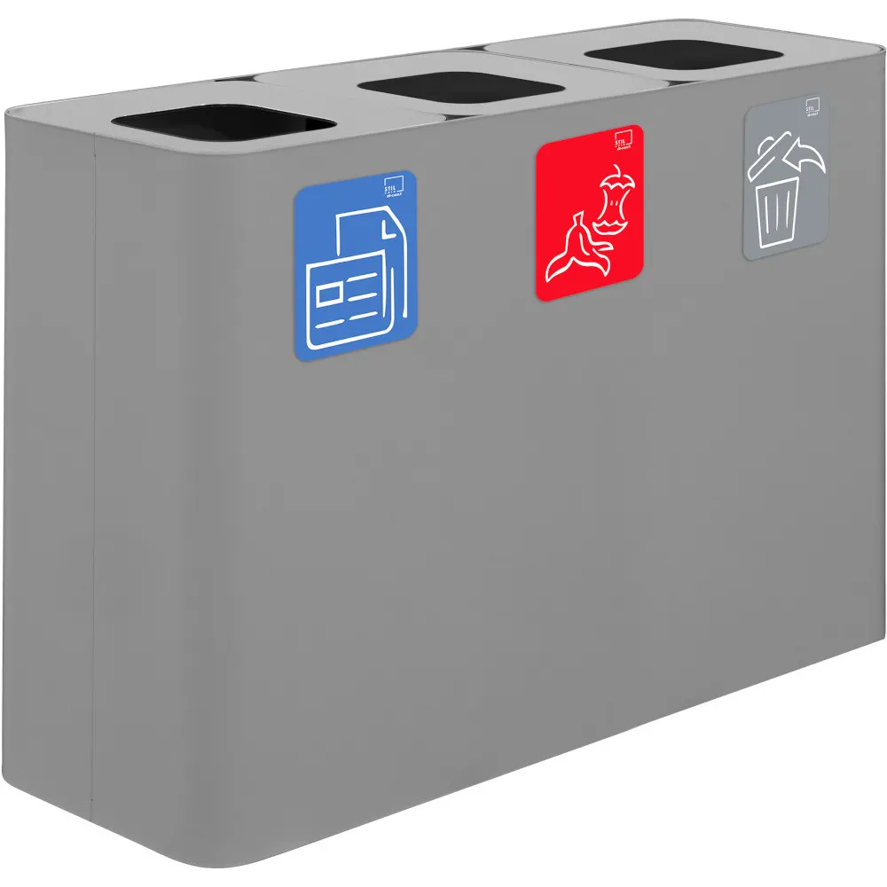 Poubelle tri sélectif 3 flux 100 litres grise avec pictogrammes magnétiques