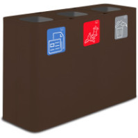 Poubelle tri sélectif 3 flux 100 litres couleur Corten avec pictogrammes.