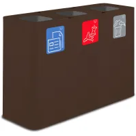 Poubelle tri sélectif 3 flux 100 litres couleur Corten avec pictogrammes.