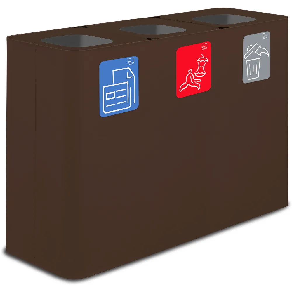 Poubelle tri sélectif 3 flux 100 litres couleur Corten avec pictogrammes.