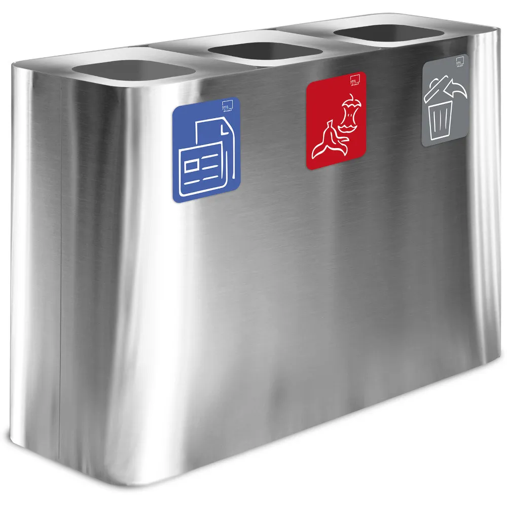 Poubelle inox 3 flux 100 litres avec pictogrammes magnétiques