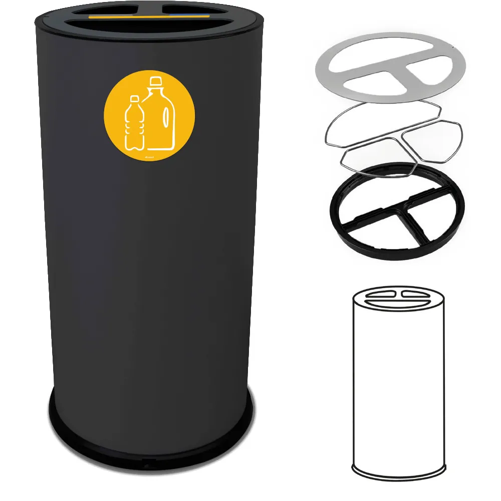 Poubelle tri sélectif 70 litres noire triple compartiments vue de face Poubelle tri sélectif 70 litres noire triple compartiments vue de face