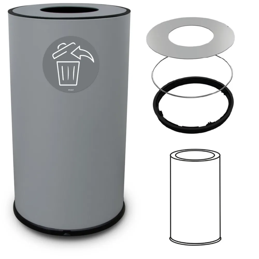 Poubelle ronde 50 litres grise acier ouverture ronde design