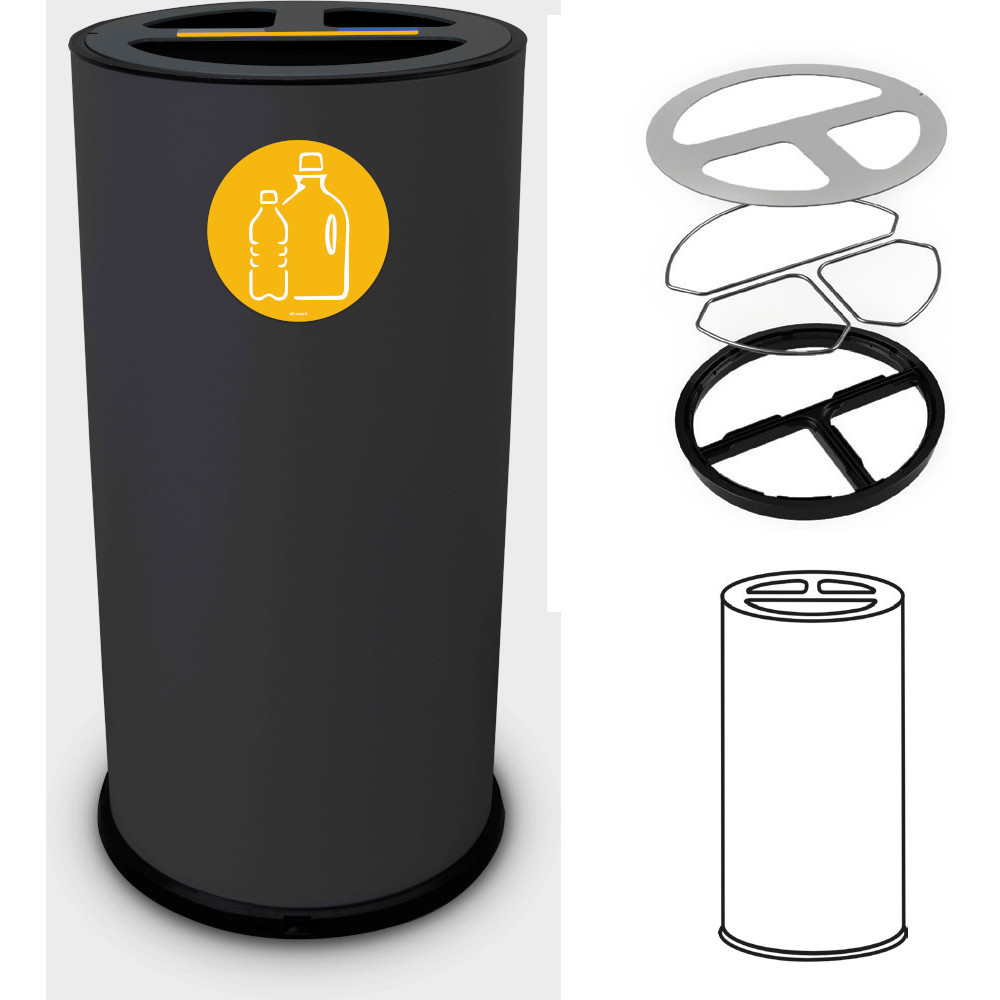Poubelle tri sélectif 50 litres noire triple compartiments acier