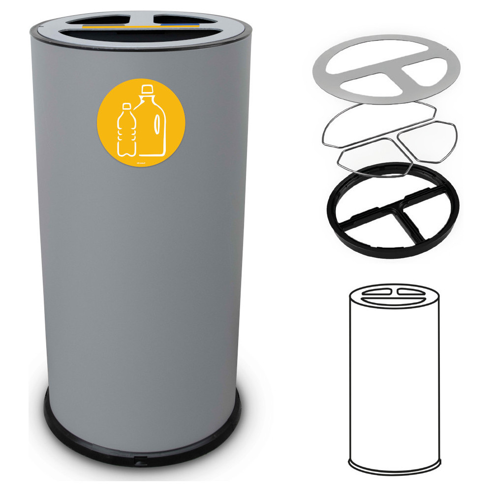 Poubelle tri sélectif 50 litres gris trois compartiments avec pictogrammes magnétiques