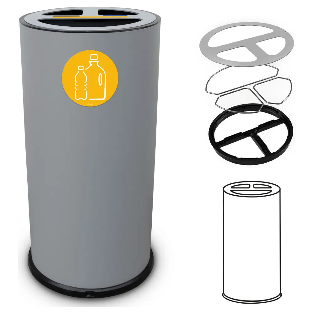 Poubelle tri sélectif 50 litres gris trois compartiments avec pictogrammes magnétiques Poubelle tri sélectif 50 litres gris trois compartiments avec pictogrammes magnétiques