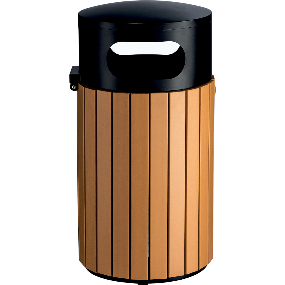 Poubelle ronde imitation lame bois sécurisée 40 litres Poubelle ronde imitation lame bois sécurisée 40 litres